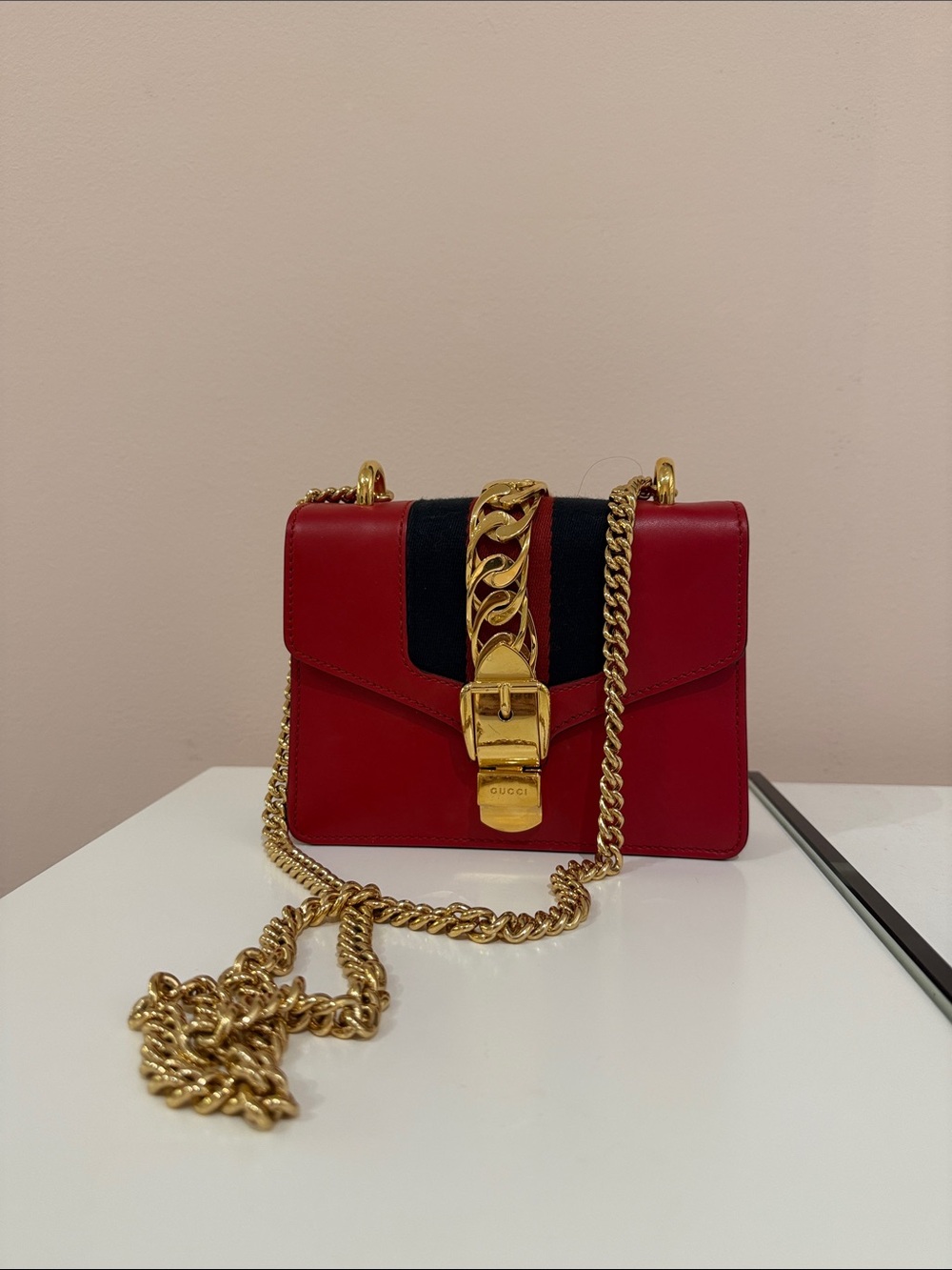 Gucci Red Leather Crossbody with Gold Chain and Black Detail